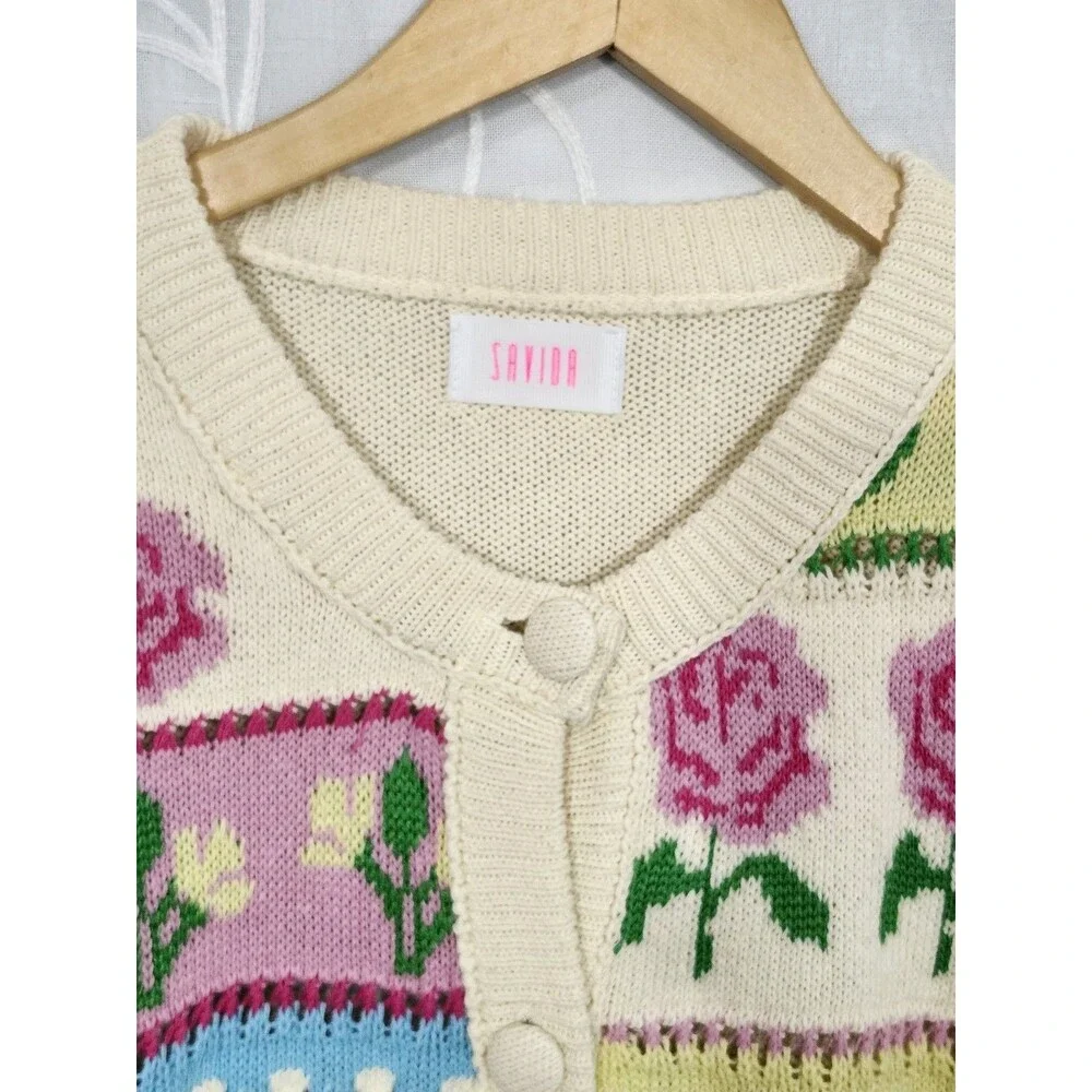 Savida Womens Large Floral Knit Cardigan Sweater Cottagecore Romantic Button
